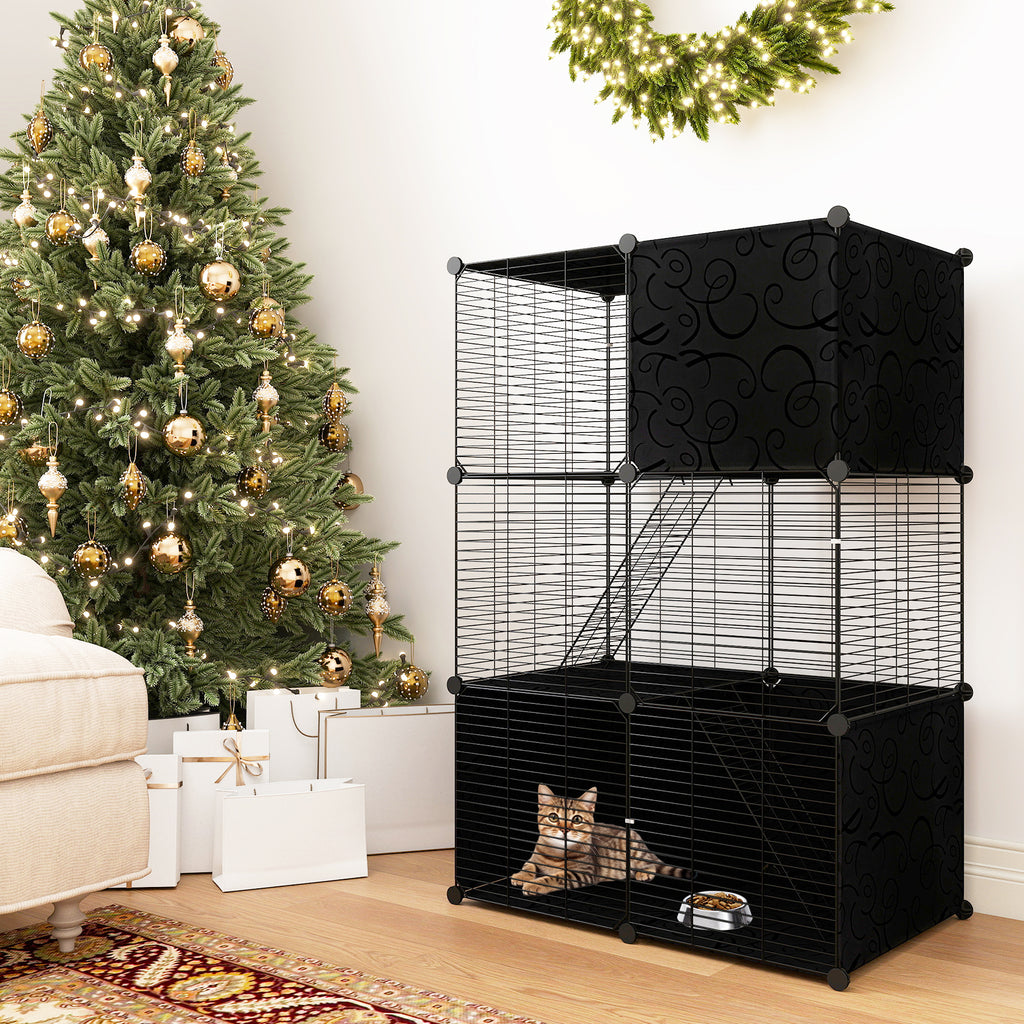 Black Multi-Level Cat Tower with Condo Hammock and Climbing Platforms - Space-Saving Pet Tree