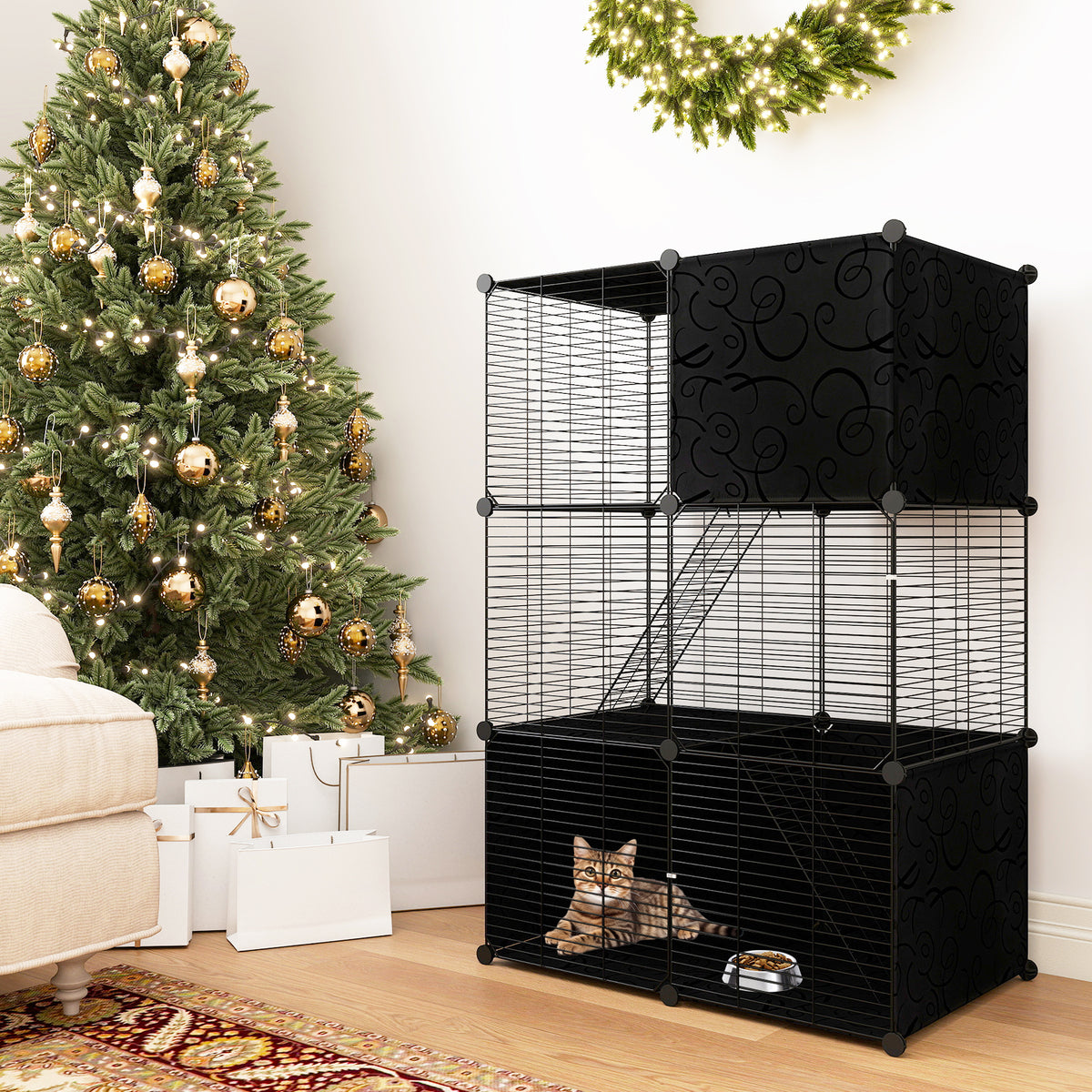 Black Multi-Level Cat Tower with Condo Hammock and Climbing Platforms - Space-Saving Pet Tree