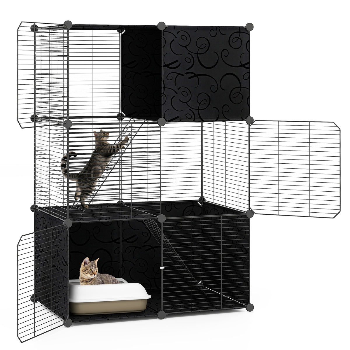 Black Multi-Level Cat Tower with Condo Hammock and Climbing Platforms - Space-Saving Pet Tree