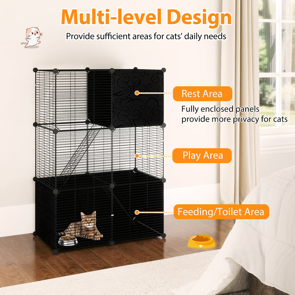 Black Multi-Level Cat Tower with Condo Hammock and Climbing Platforms - Space-Saving Pet Tree