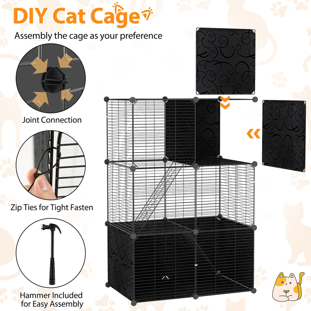 Black Multi-Level Cat Tower with Condo Hammock and Climbing Platforms - Space-Saving Pet Tree
