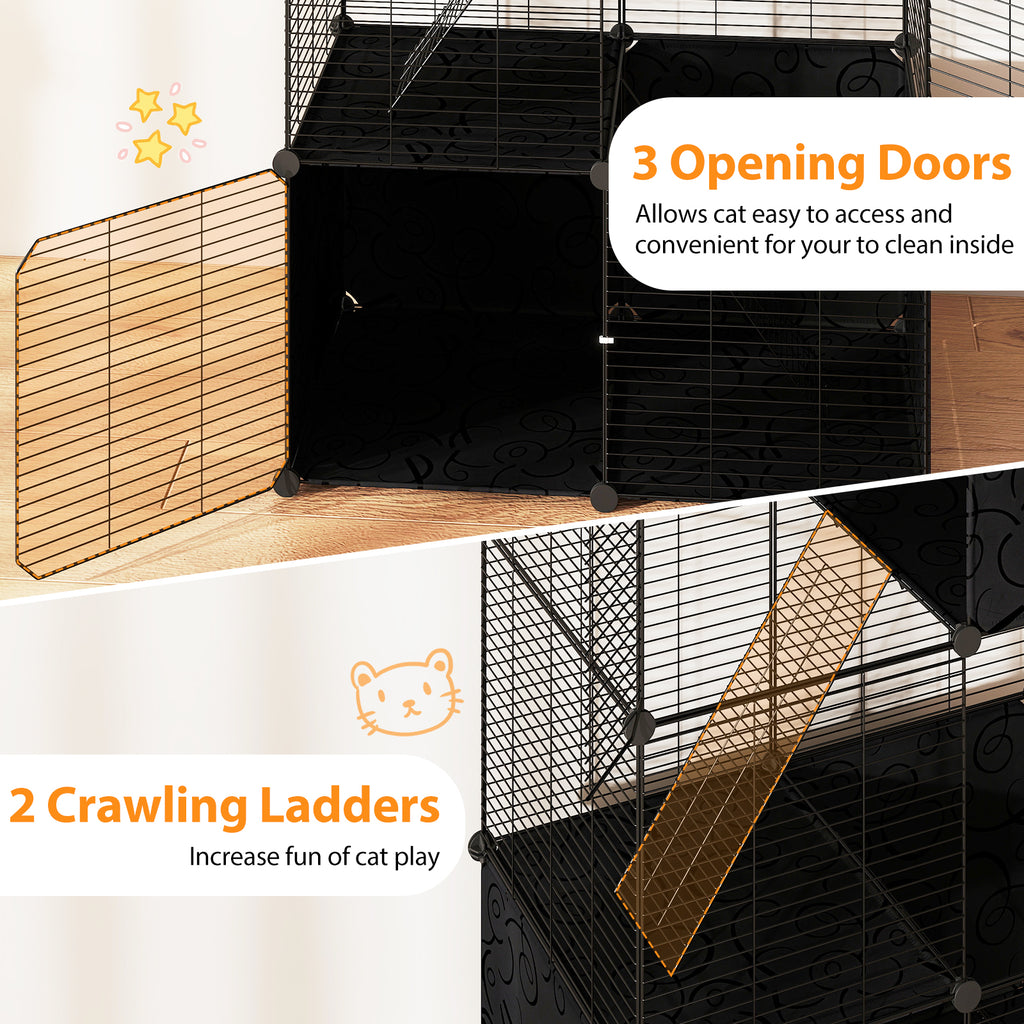 Black Multi-Level Cat Tower with Condo Hammock and Climbing Platforms - Space-Saving Pet Tree