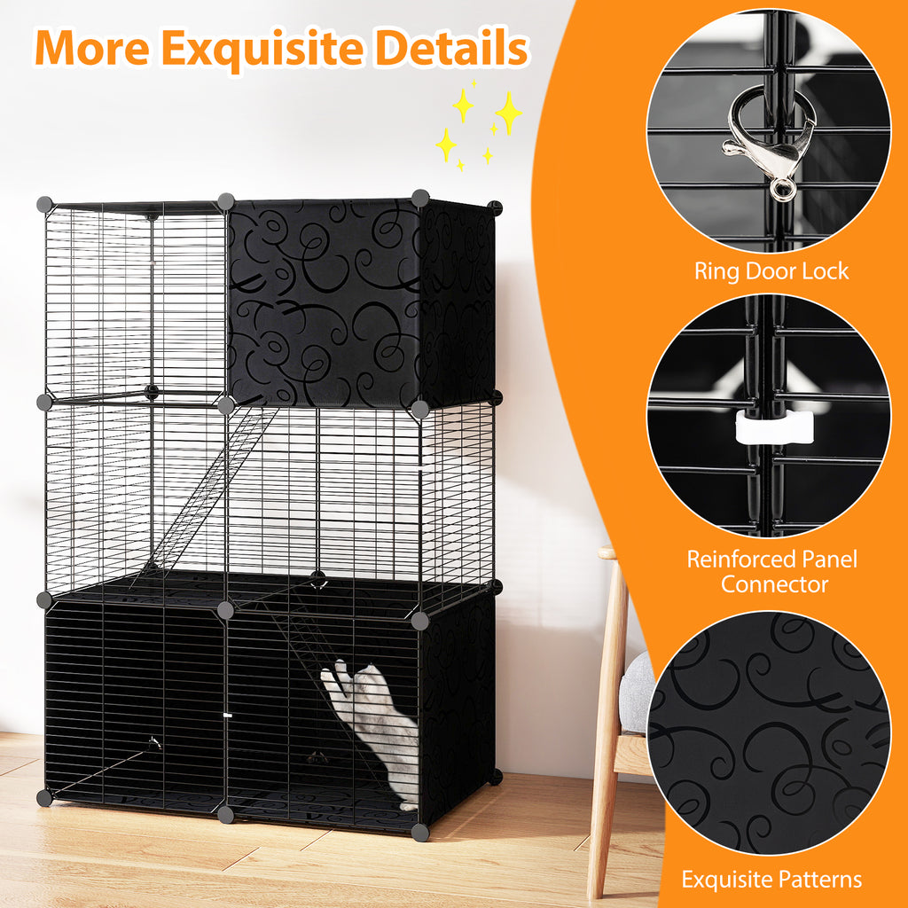 Black Multi-Level Cat Tower with Condo Hammock and Climbing Platforms - Space-Saving Pet Tree