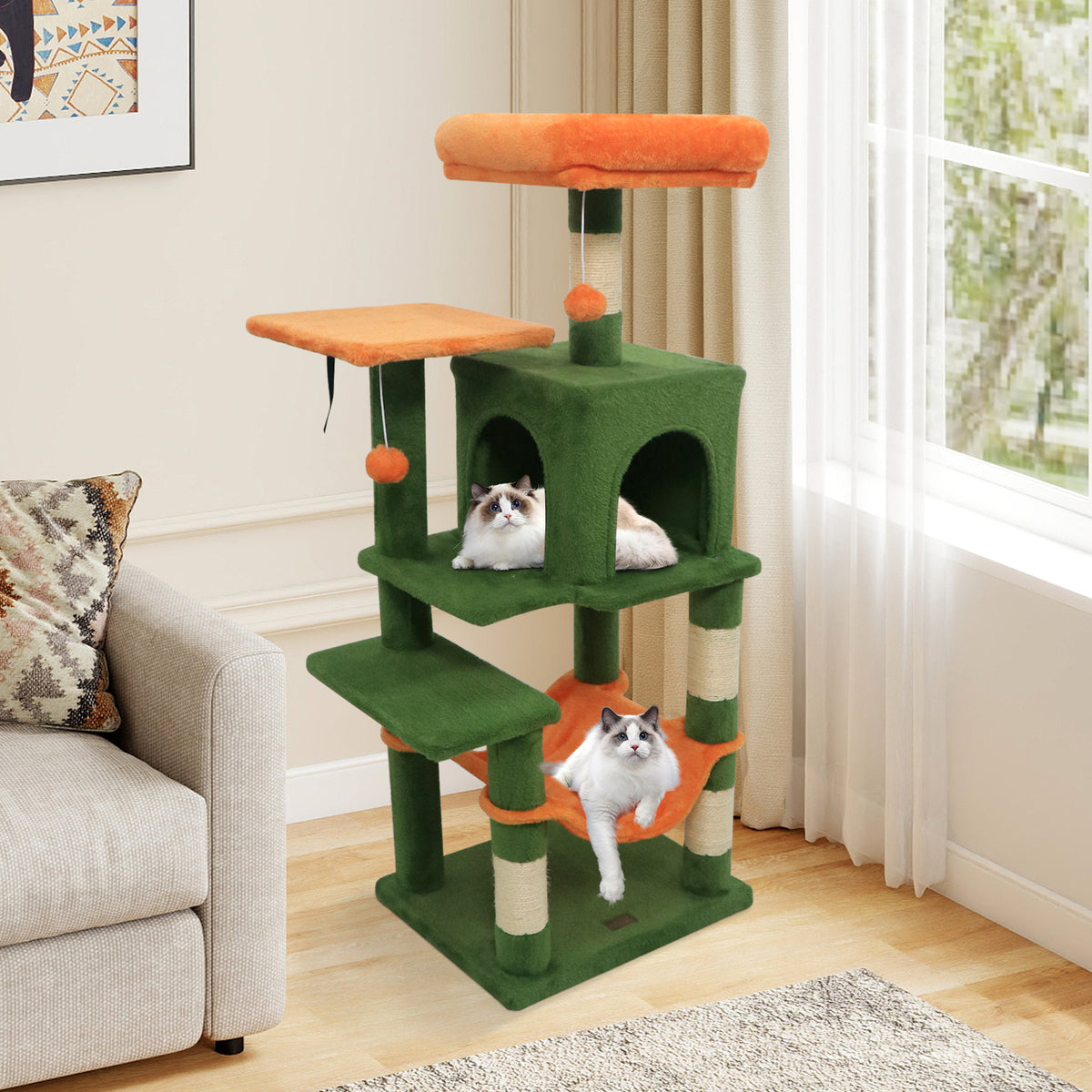 Green Multi-Level Cat Tower with 2-Door Condo & Padded Top Perch - Space-Saving Cat Furniture
