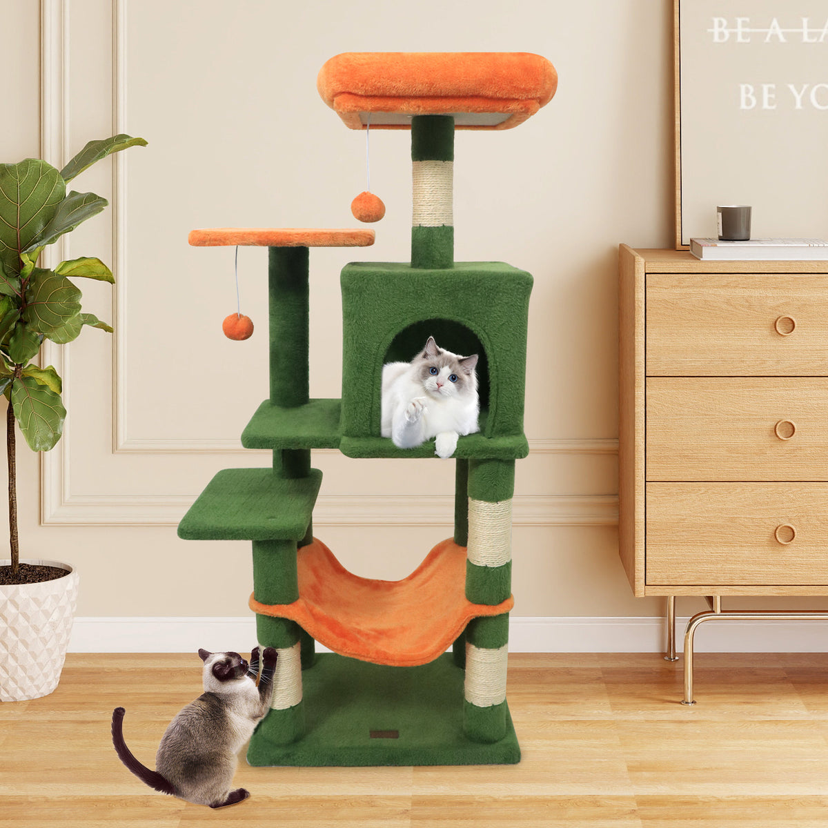 Green Multi-Level Cat Tower with 2-Door Condo & Padded Top Perch - Space-Saving Cat Furniture