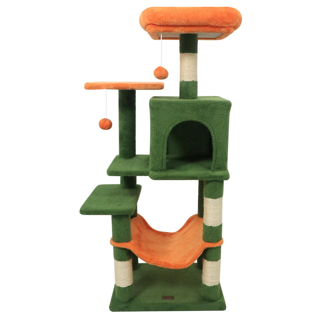Green Multi-Level Cat Tower with 2-Door Condo & Padded Top Perch - Space-Saving Cat Furniture