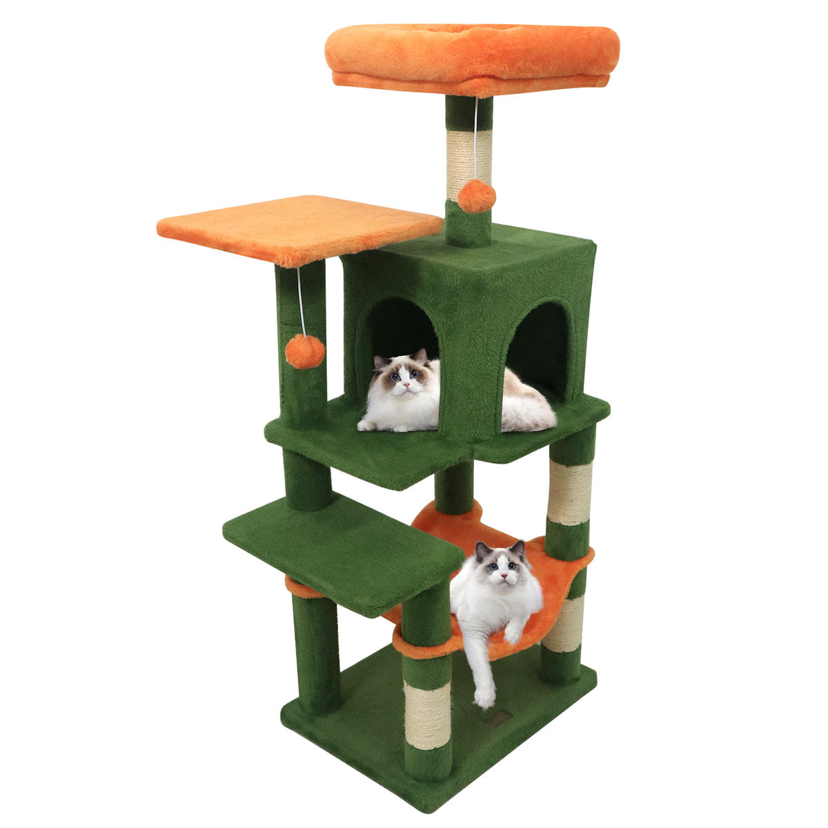 Green Multi-Level Cat Tower with 2-Door Condo & Padded Top Perch - Space-Saving Cat Furniture