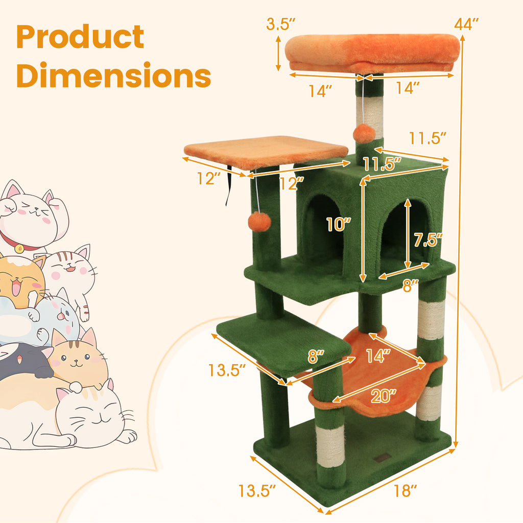 Green Multi-Level Cat Tower with 2-Door Condo & Padded Top Perch - Space-Saving Cat Furniture