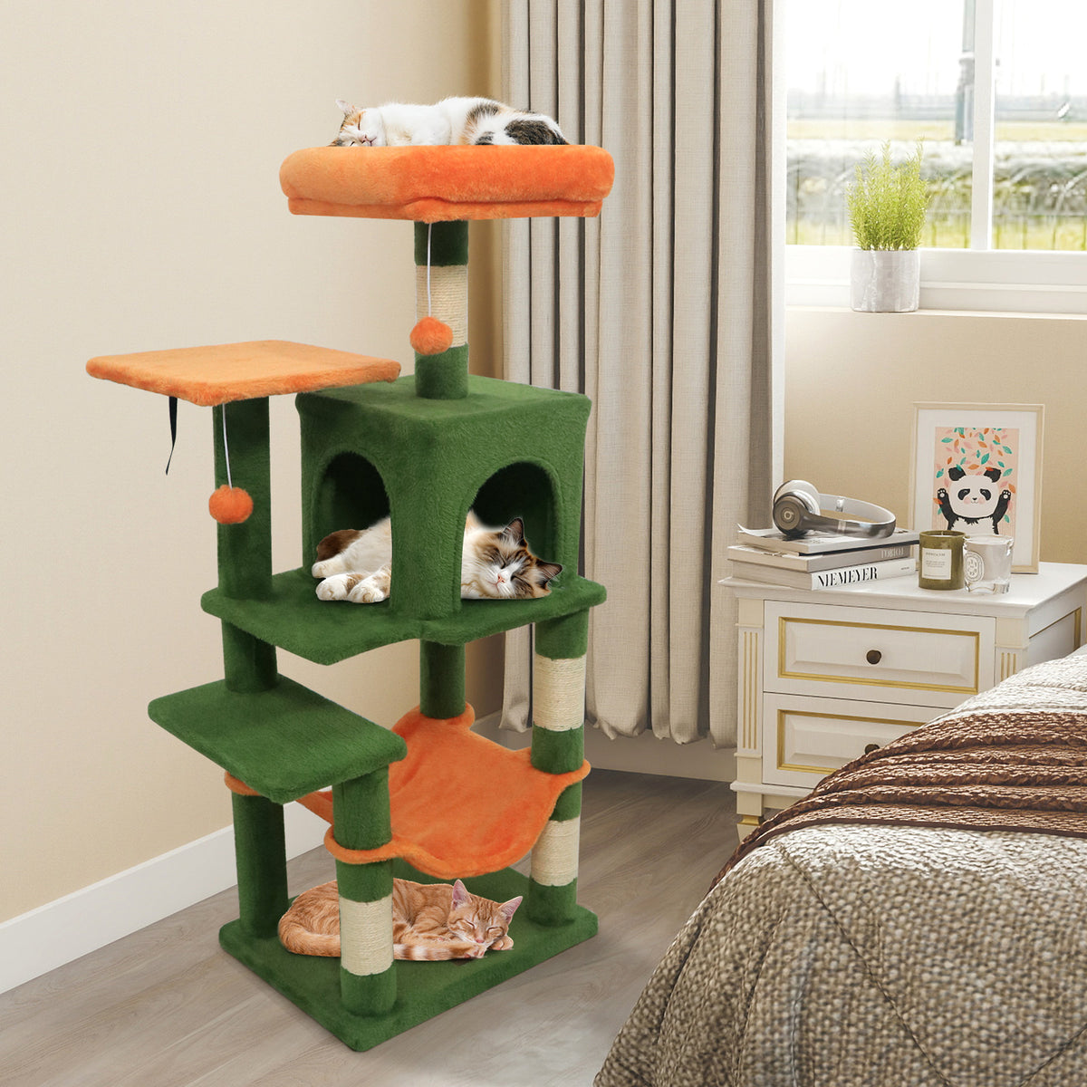 Green Multi-Level Cat Tower with 2-Door Condo & Padded Top Perch - Space-Saving Cat Furniture