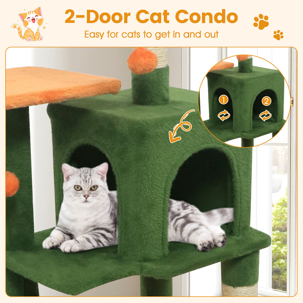 Green Multi-Level Cat Tower with 2-Door Condo & Padded Top Perch - Space-Saving Cat Furniture