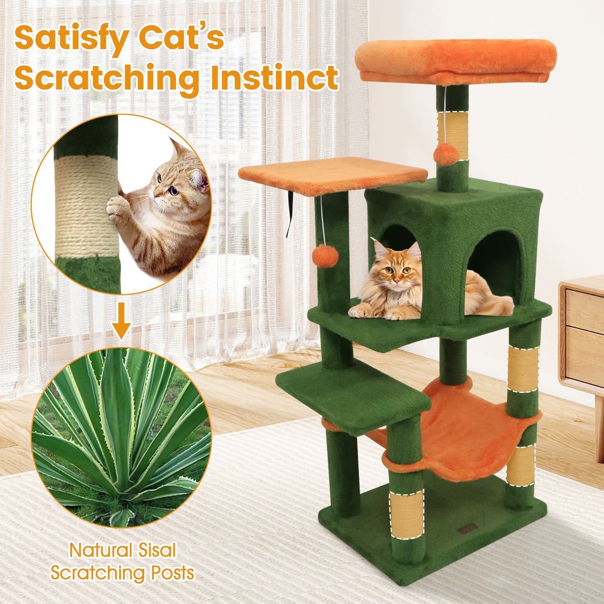 Green Multi-Level Cat Tower with 2-Door Condo & Padded Top Perch - Space-Saving Cat Furniture