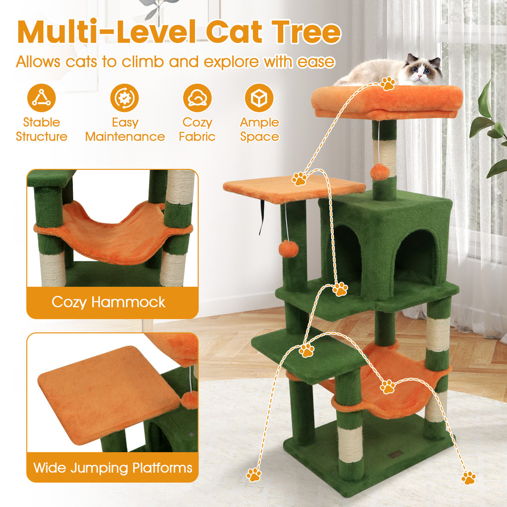 Green Multi-Level Cat Tower with 2-Door Condo & Padded Top Perch - Space-Saving Cat Furniture