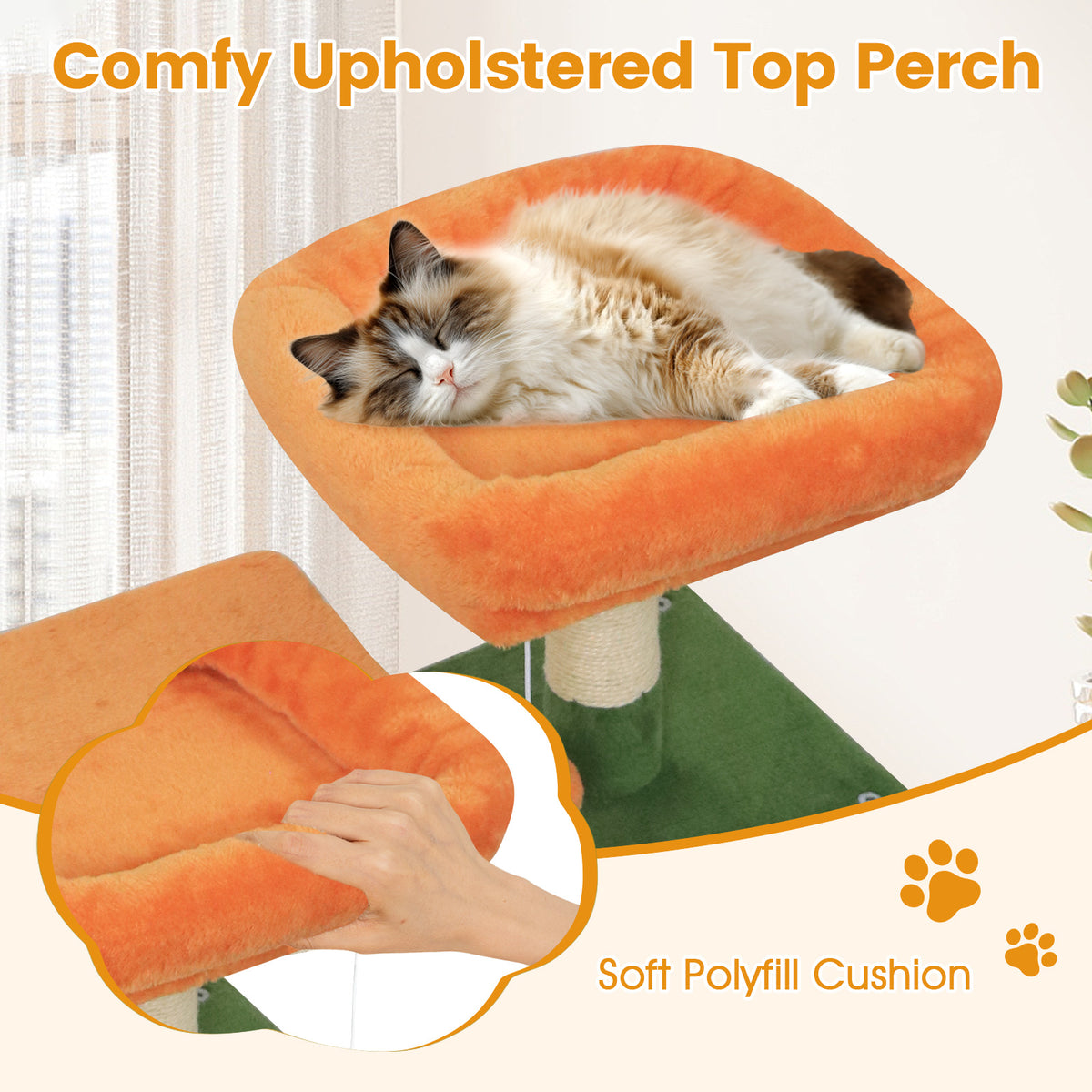 Green Multi-Level Cat Tower with 2-Door Condo & Padded Top Perch - Space-Saving Cat Furniture