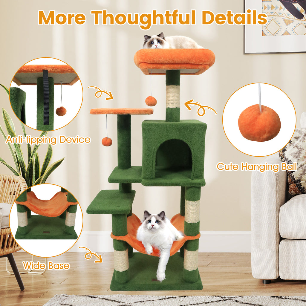 Green Multi-Level Cat Tower with 2-Door Condo & Padded Top Perch - Space-Saving Cat Furniture