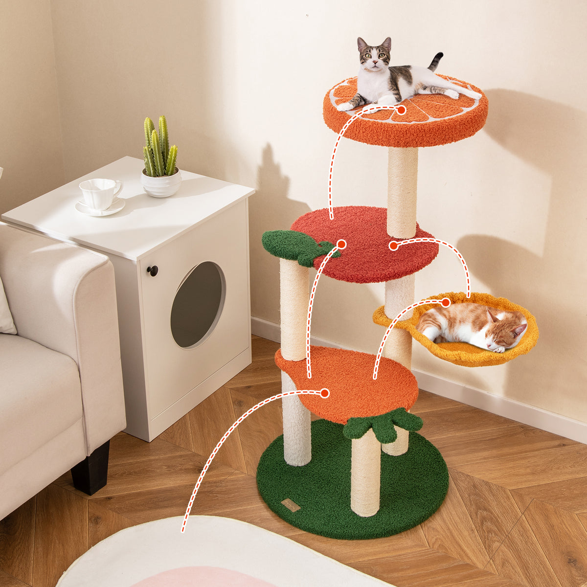 Multi-Level Cat Tree Pet Activity Center with Fruit-Shaped Platforms - Red & Orange