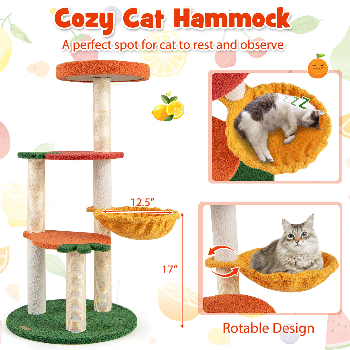 Multi-Level Cat Tree Pet Activity Center with Fruit-Shaped Platforms - Red & Orange