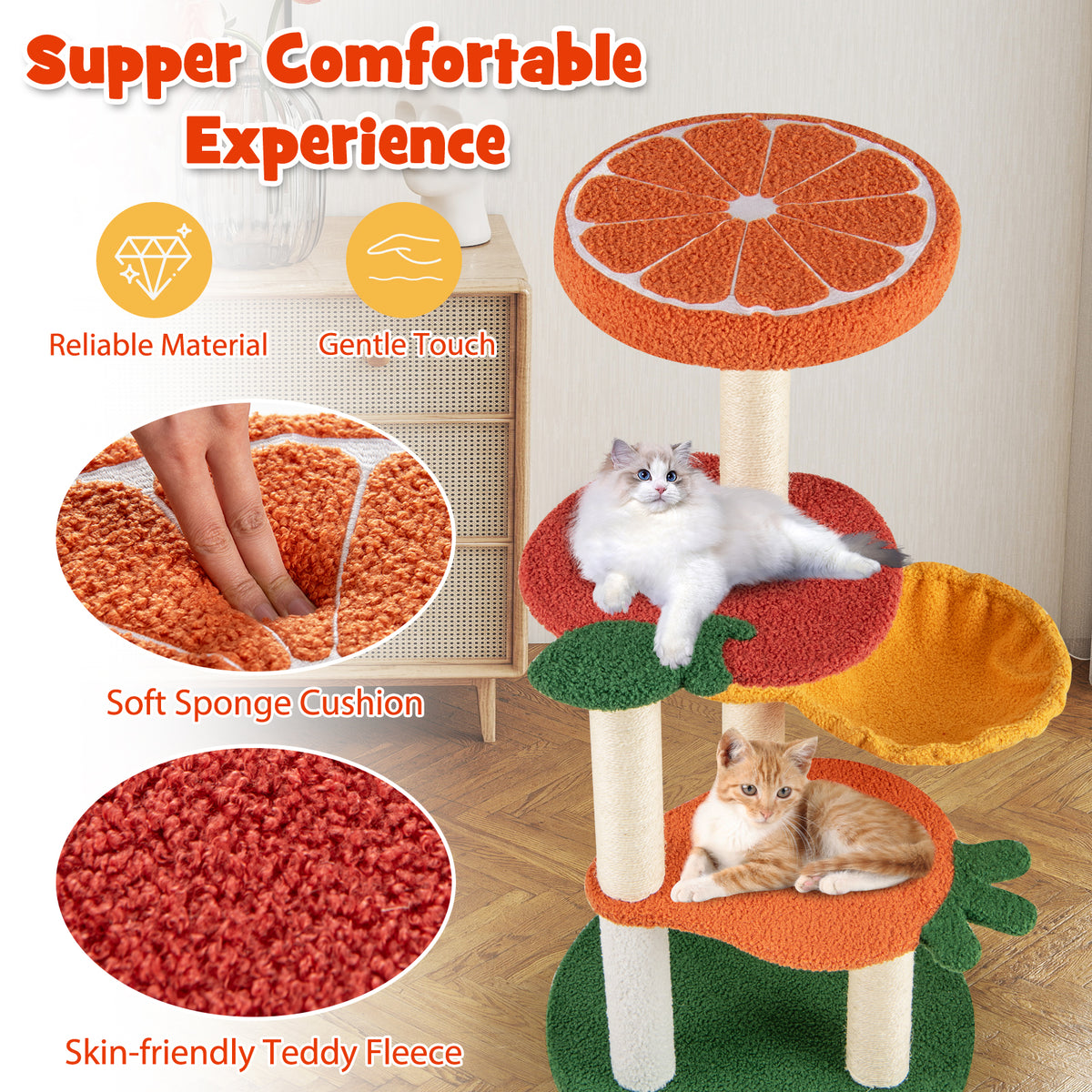 Multi-Level Cat Tree Pet Activity Center with Fruit-Shaped Platforms - Red & Orange