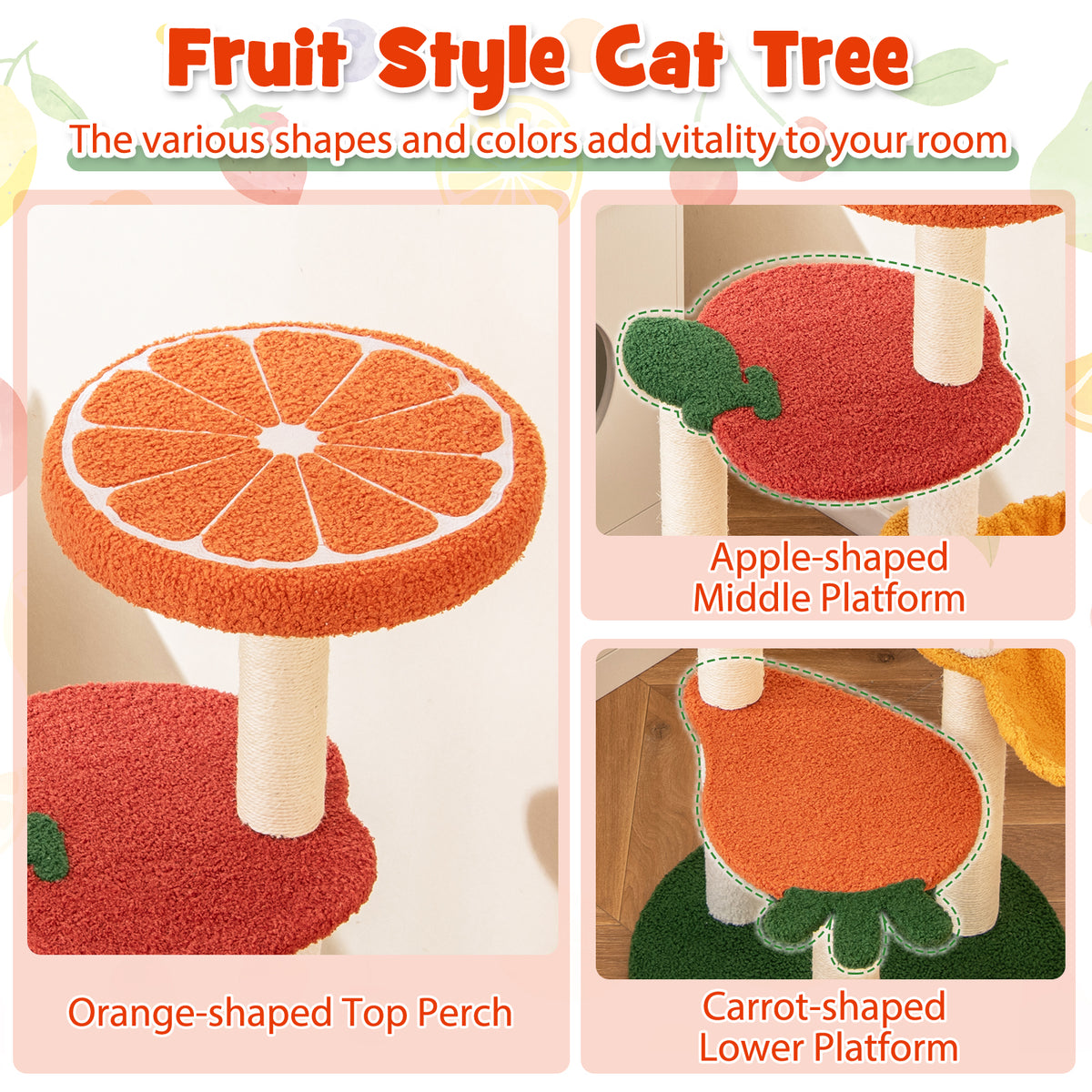 Multi-Level Cat Tree Pet Activity Center with Fruit-Shaped Platforms - Red & Orange