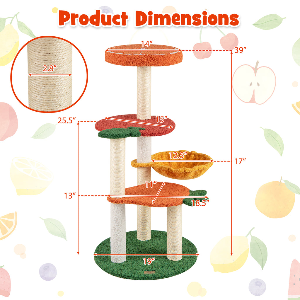 Multi-Level Cat Tree Pet Activity Center with Fruit-Shaped Platforms - Red & Orange