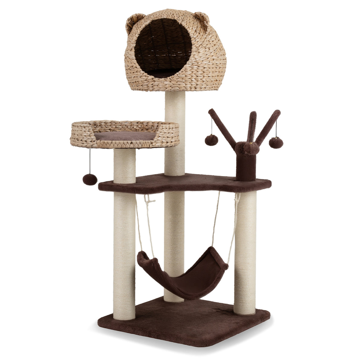 Brown Multi-Level Cat Tree with Condo Hammock & Rotatable Hanging Balls - 5 Tiers