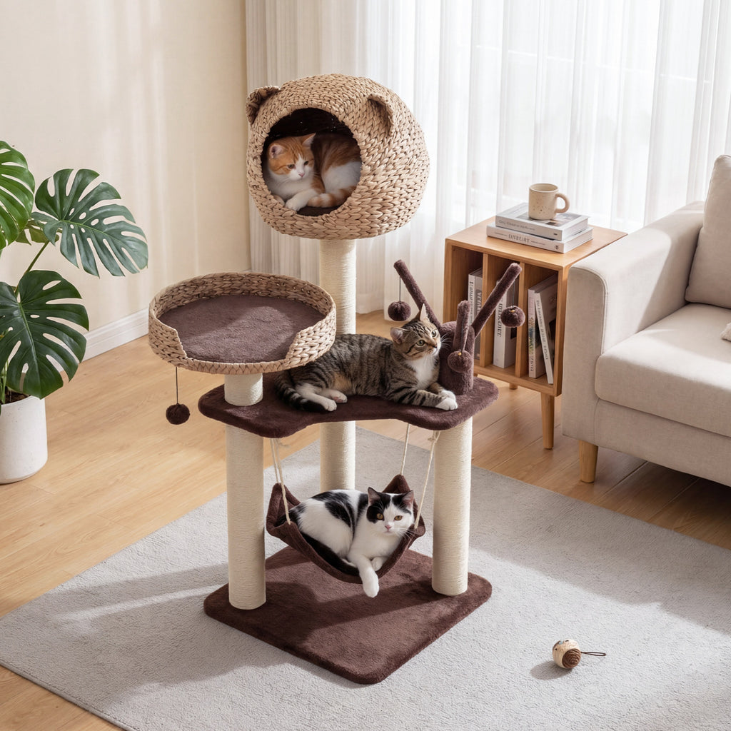 Brown Multi-Level Cat Tree with Condo Hammock & Rotatable Hanging Balls - 5 Tiers