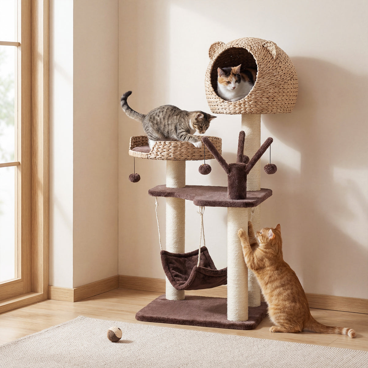 Brown Multi-Level Cat Tree with Condo Hammock & Rotatable Hanging Balls - 5 Tiers