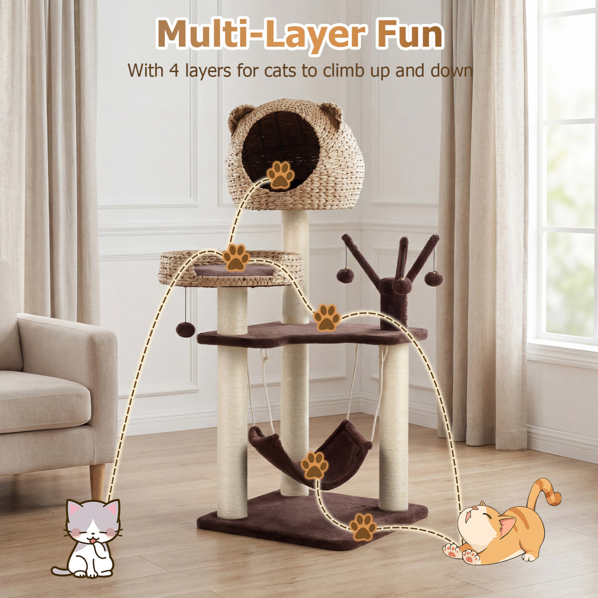 Brown Multi-Level Cat Tree with Condo Hammock & Rotatable Hanging Balls - 5 Tiers