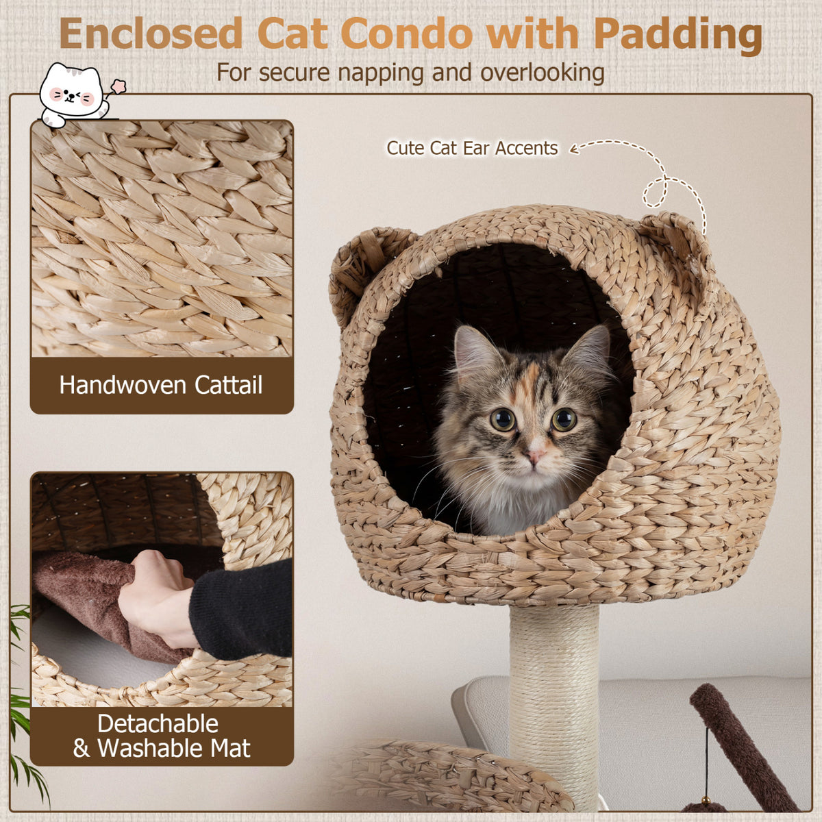 Brown Multi-Level Cat Tree with Condo Hammock & Rotatable Hanging Balls - 5 Tiers