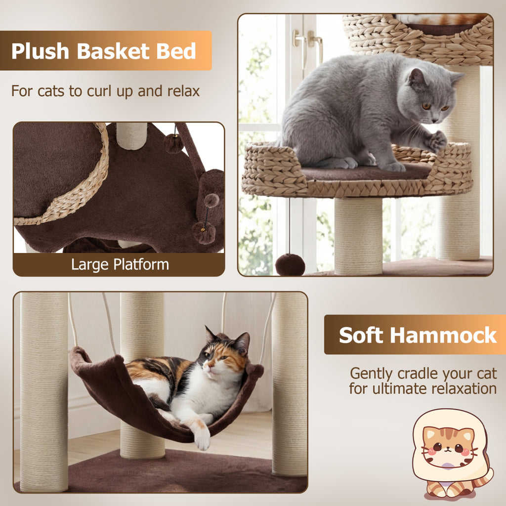 Brown Multi-Level Cat Tree with Condo Hammock & Rotatable Hanging Balls - 5 Tiers
