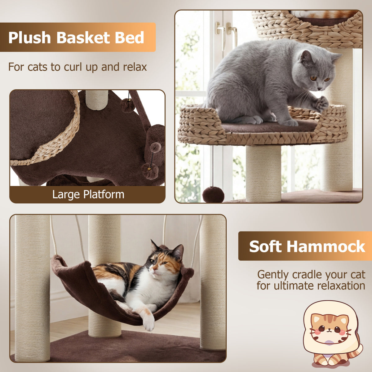 Brown Multi-Level Cat Tree with Condo Hammock & Rotatable Hanging Balls - 5 Tiers
