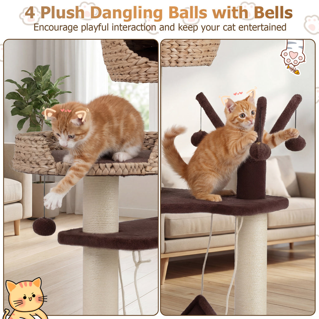 Brown Multi-Level Cat Tree with Condo Hammock & Rotatable Hanging Balls - 5 Tiers