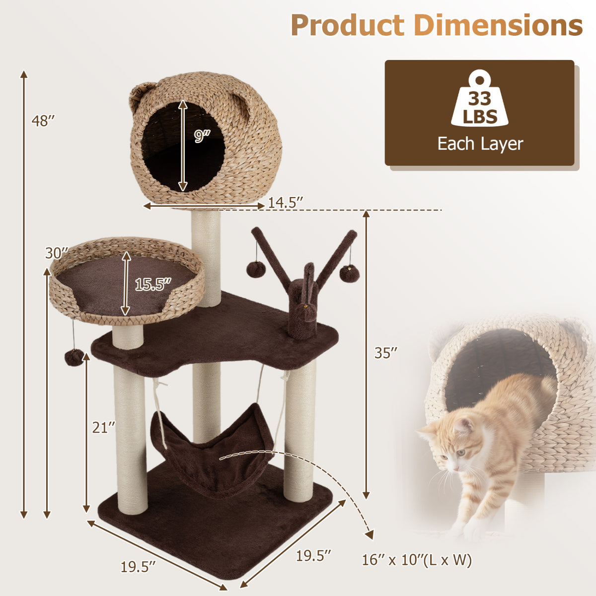 Brown Multi-Level Cat Tree with Condo Hammock & Rotatable Hanging Balls - 5 Tiers