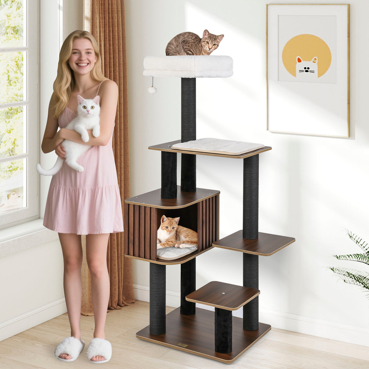 Multi-Level Cat Tree Tower with Cushion Top Perch - Brown, 59.5 Inch Tall - Indoor Cat Furniture