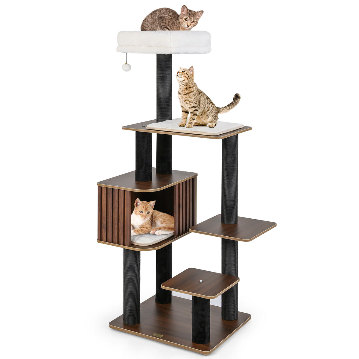 Multi-Level Cat Tree Tower with Cushion Top Perch - Brown, 59.5 Inch Tall - Indoor Cat Furniture