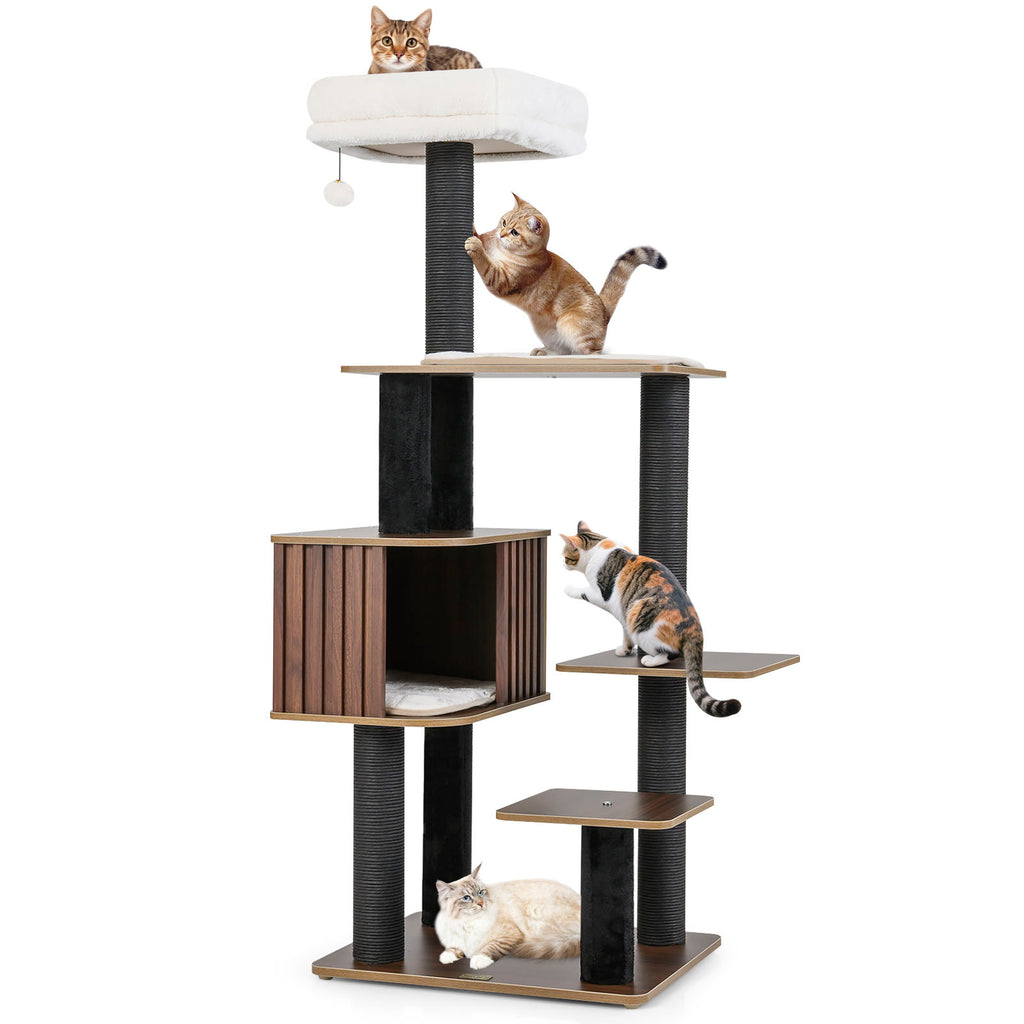 Multi-Level Cat Tree Tower with Cushion Top Perch - Brown, 59.5 Inch Tall - Indoor Cat Furniture