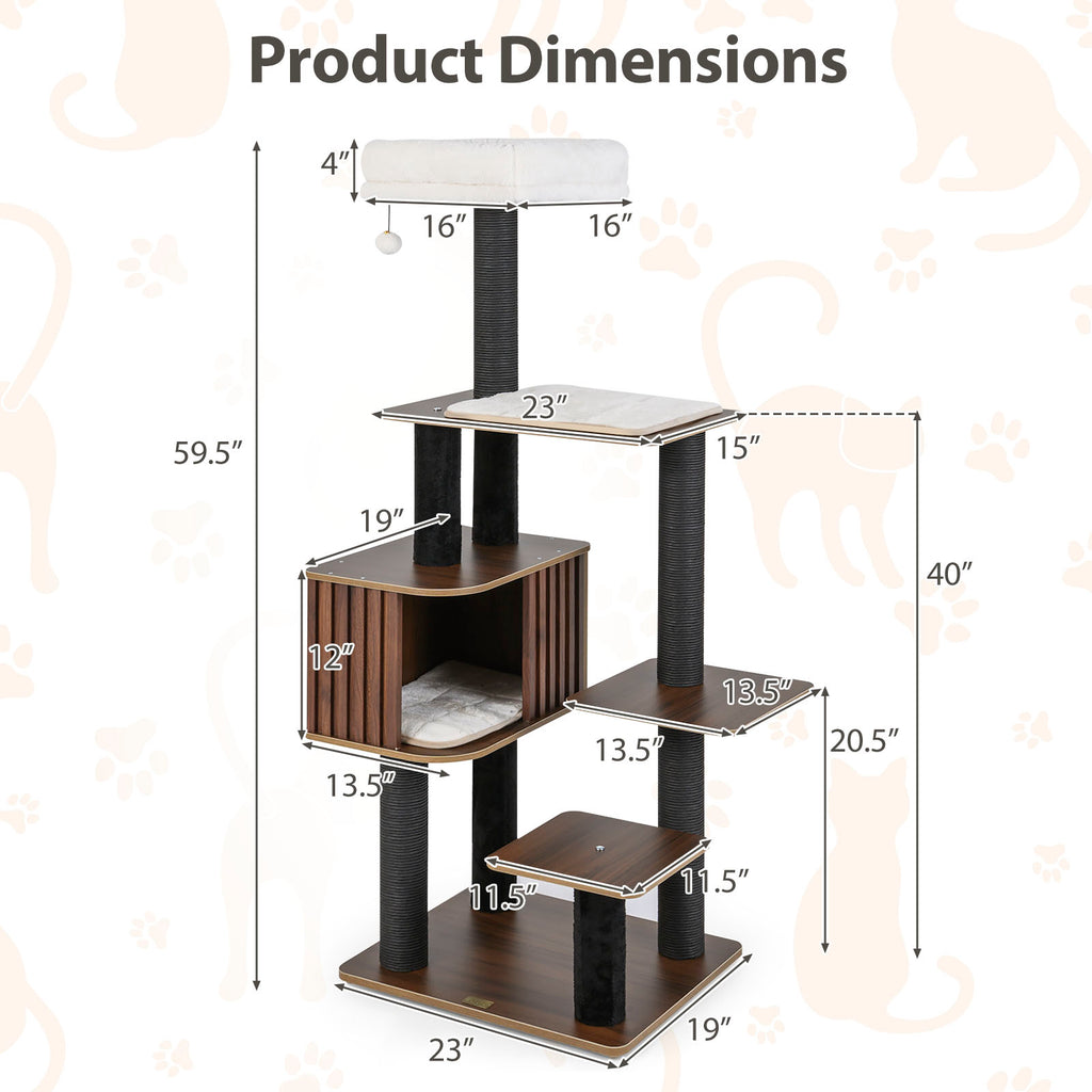 Multi-Level Cat Tree Tower with Cushion Top Perch - Brown, 59.5 Inch Tall - Indoor Cat Furniture