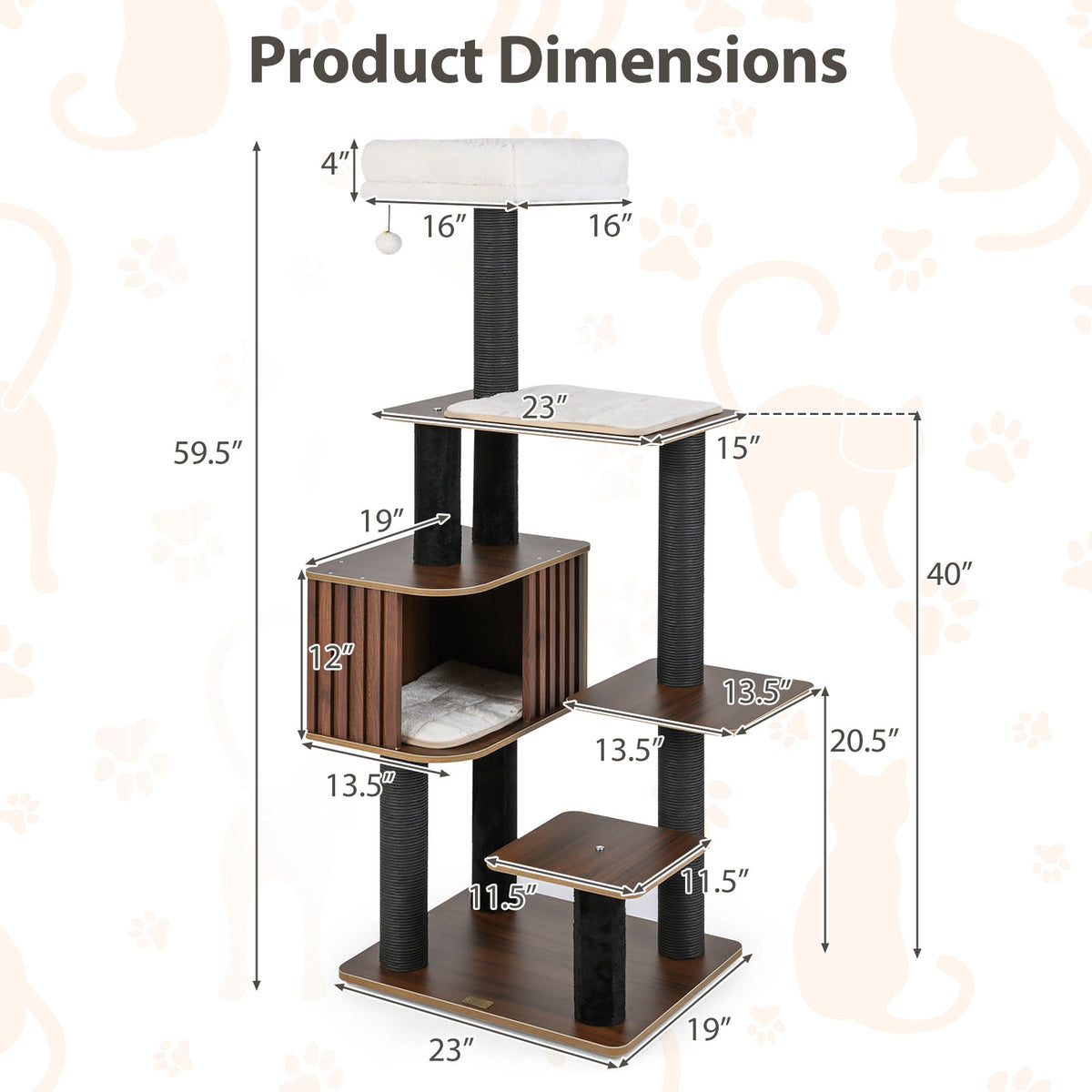 Multi-Level Cat Tree Tower with Cushion Top Perch - Brown, 59.5 Inch Tall - Indoor Cat Furniture