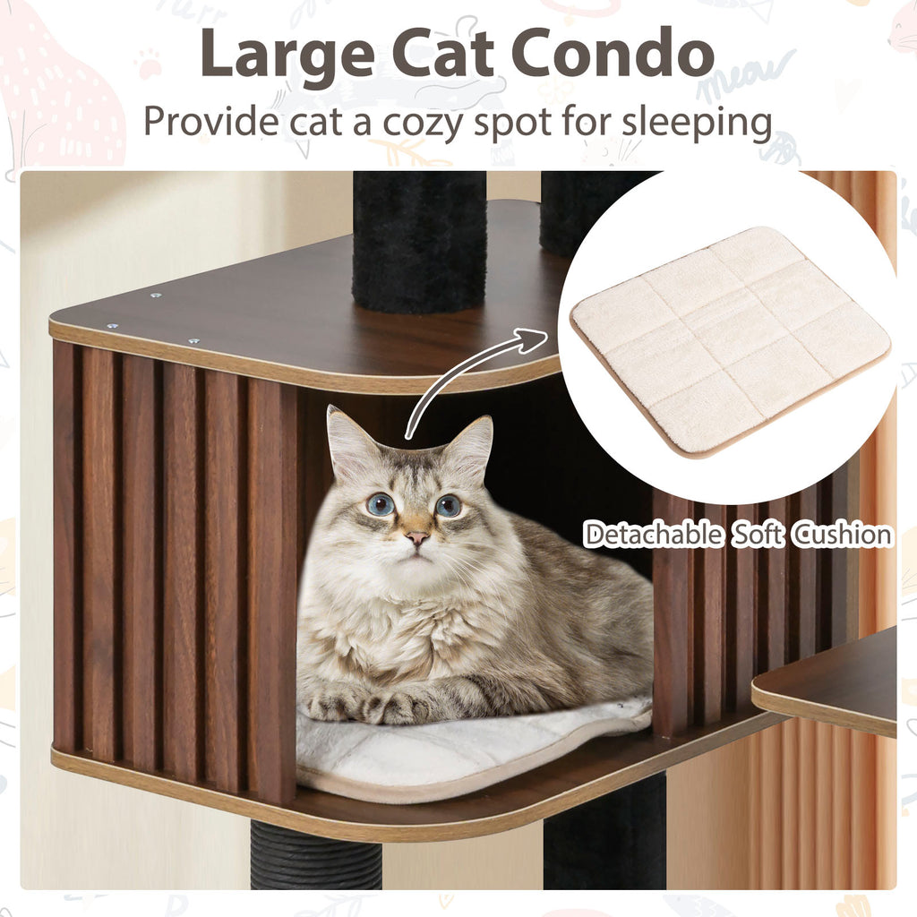 Multi-Level Cat Tree Tower with Cushion Top Perch - Brown, 59.5 Inch Tall - Indoor Cat Furniture