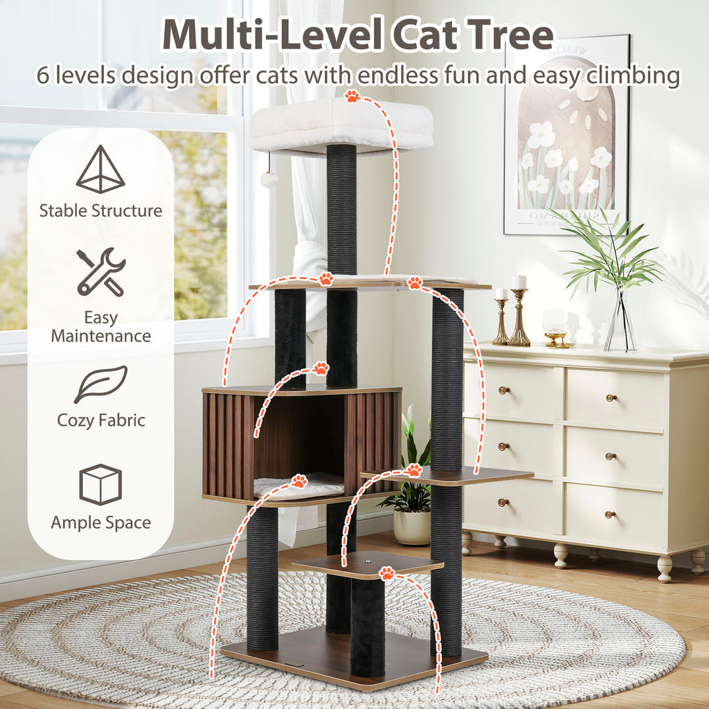 Multi-Level Cat Tree Tower with Cushion Top Perch - Brown, 59.5 Inch Tall - Indoor Cat Furniture
