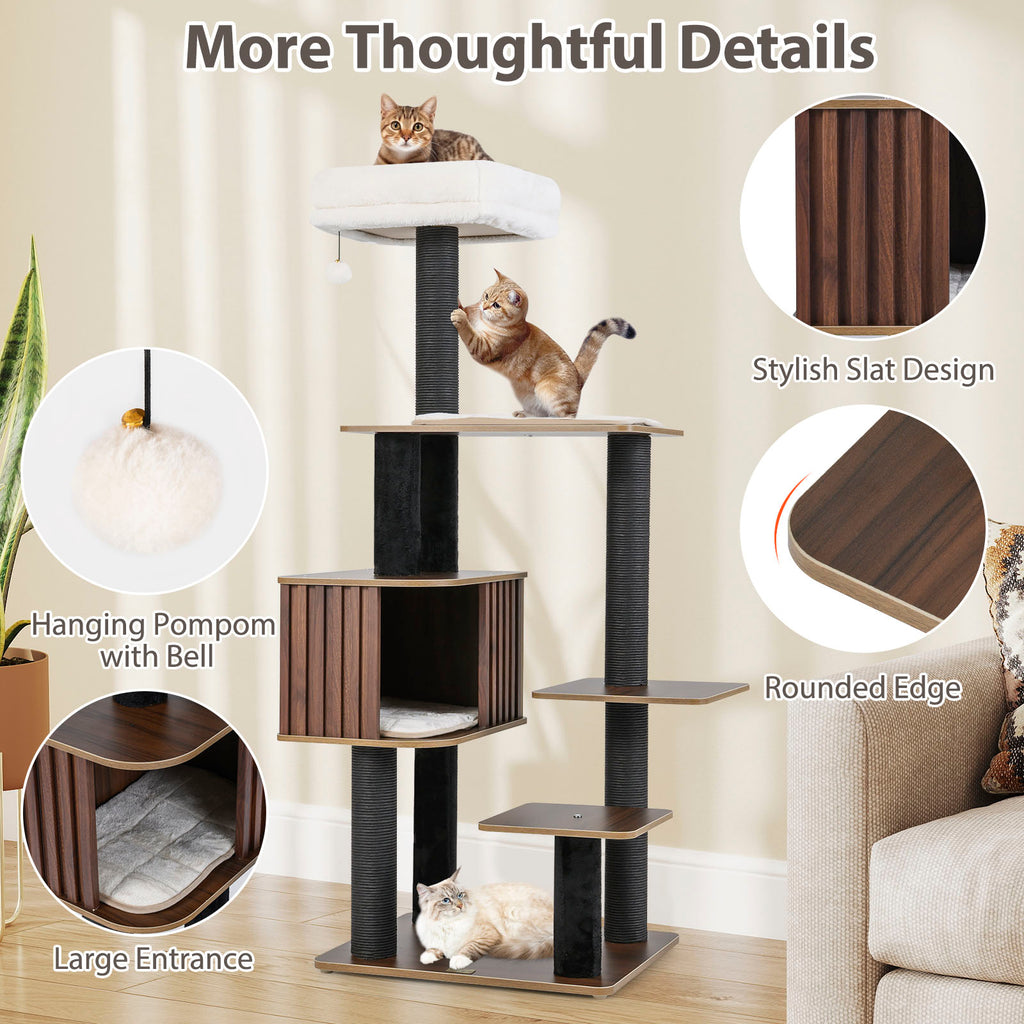 Multi-Level Cat Tree Tower with Cushion Top Perch - Brown, 59.5 Inch Tall - Indoor Cat Furniture