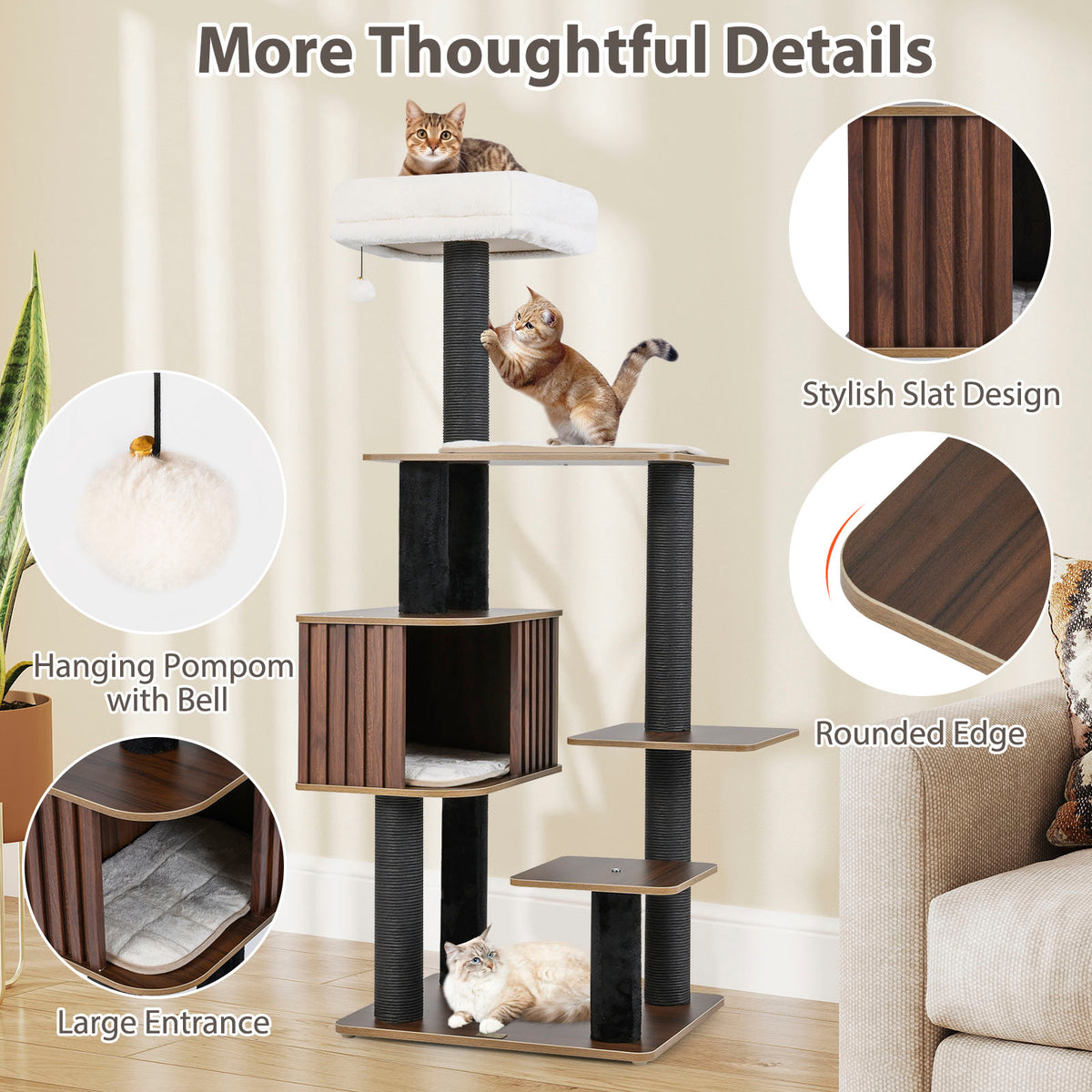 Multi-Level Cat Tree Tower with Cushion Top Perch - Brown, 59.5 Inch Tall - Indoor Cat Furniture