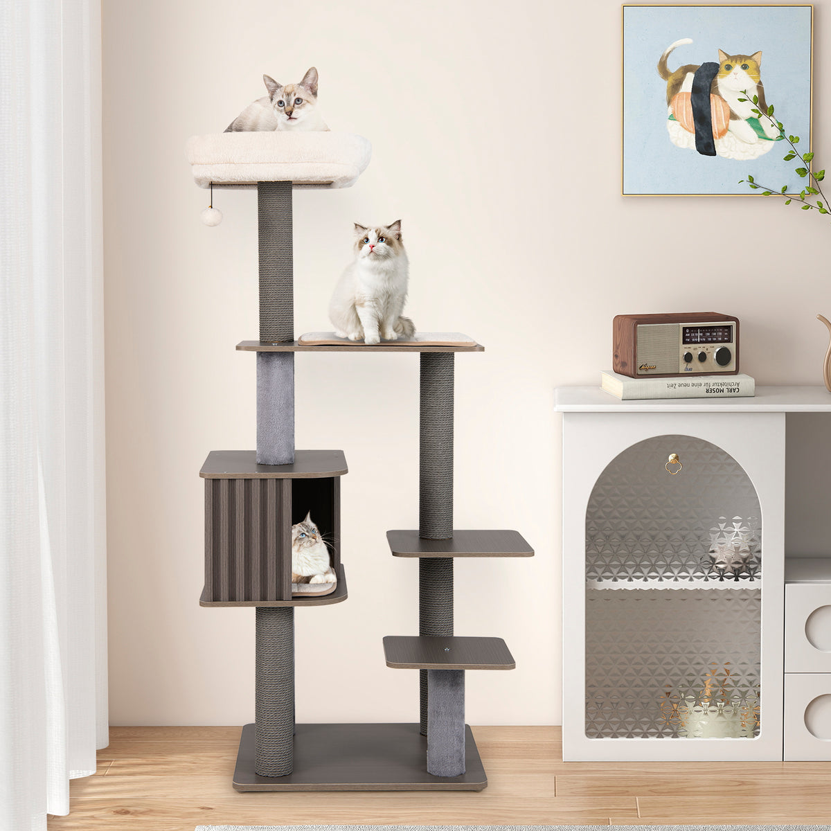 Multi-Level Cat Tree Tower with Cushion Top Perch - Gray, 59.5 Inch Tall