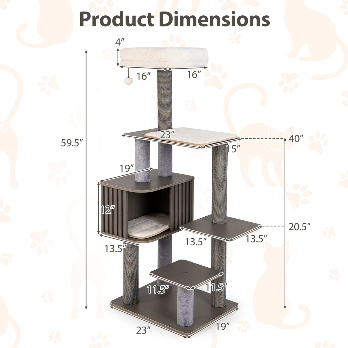 Multi-Level Cat Tree Tower with Cushion Top Perch - Gray, 59.5 Inch Tall