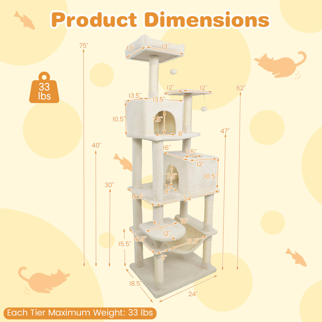 Multi-Level Cat Tree Tower with Upholstered Perch & Condos - Beige - Sturdy & Space-Saving