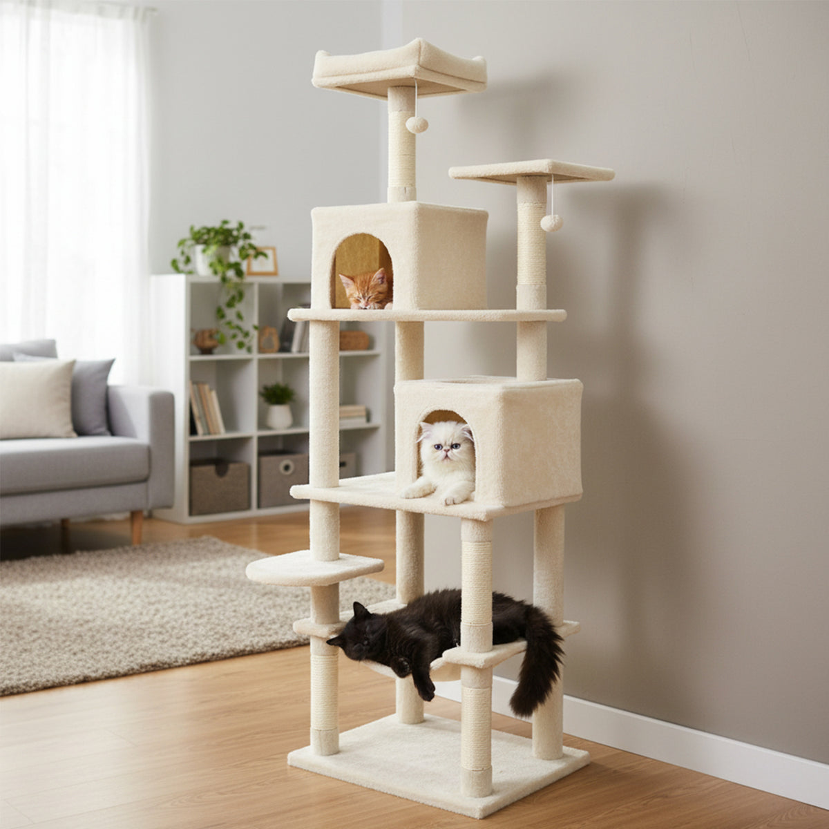 Multi-Level Cat Tree Tower with Upholstered Perch & Condos - Beige - Sturdy & Space-Saving