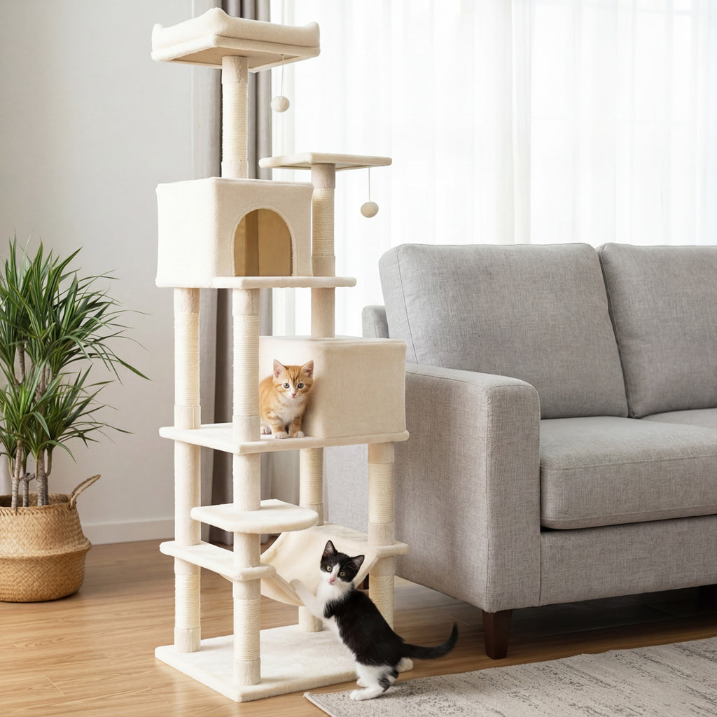 Multi-Level Cat Tree Tower with Upholstered Perch & Condos - Beige - Sturdy & Space-Saving