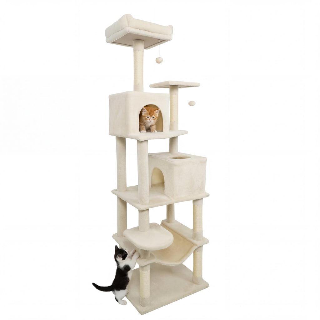 Multi-Level Cat Tree Tower with Upholstered Perch & Condos - Beige - Sturdy & Space-Saving