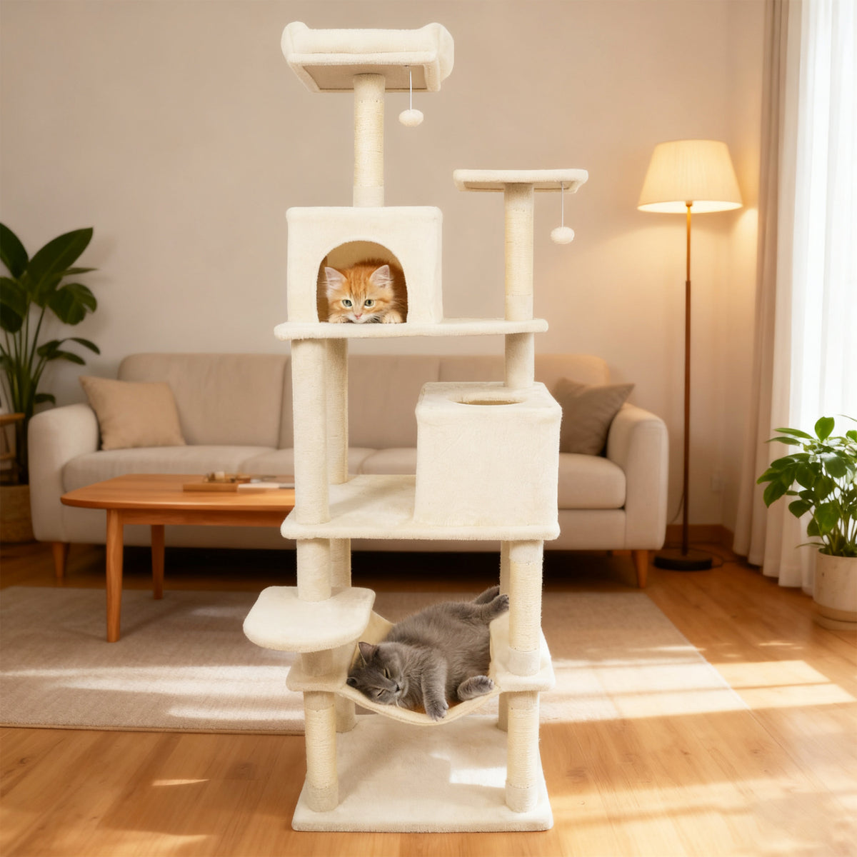 Multi-Level Cat Tree Tower with Upholstered Perch & Condos - Beige - Sturdy & Space-Saving