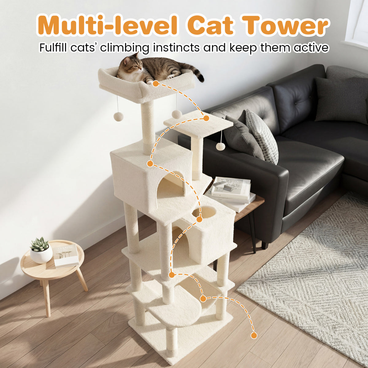 Multi-Level Cat Tree Tower with Upholstered Perch & Condos - Beige - Sturdy & Space-Saving