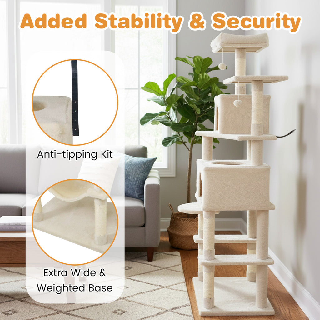 Multi-Level Cat Tree Tower with Upholstered Perch & Condos - Beige - Sturdy & Space-Saving